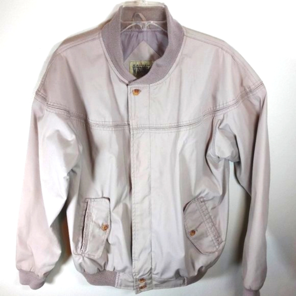 Original Windbreaker Jacket Men's Size Small Full Zip Collar Coat Pocket Beige